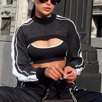 Polyester Women Jacket midriff-baring & two piece black Set