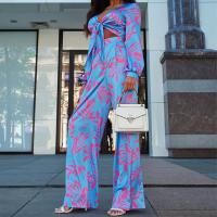 Polyester Women Casual Set & two piece Pants & top printed leaf pattern blue Set