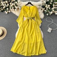 Chiffon Waist-controlled One-piece Dress slimming & deep V Solid : PC