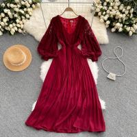 Lace & Polyester Waist-controlled One-piece Dress large hem design & deep V Solid : PC