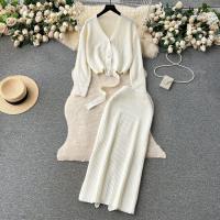 Polyester Slim Two-Piece Dress Set mid-long style & two piece Solid white : Set