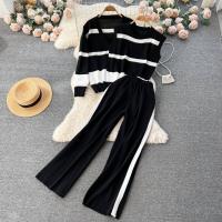Polyester Wide Leg Trousers Women Casual Set contrast color & three piece Solid : Set