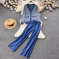 Polyester Wide Leg Trousers Women Casual Set contrast color & slimming & two piece plaid : Set