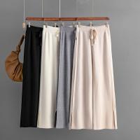 Viscose Fiber Straight Women Long Trousers side slit & loose Solid : PC