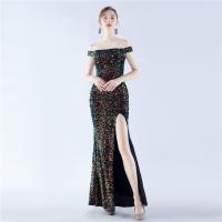 Sequin & Polyester Off Shoulder & Slim Long Evening Dress side slit embroidered Solid PC