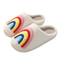 PVC & Suede Fluffy slippers hardwearing & thermal rainbow pattern white Pair