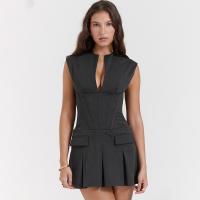 Polyester Waist-controlled & Slim Sexy Package Hip Dresses deep V patchwork Solid black PC