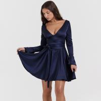 Polyester Waist-controlled & Slim One-piece Dress deep V patchwork Solid Navy Blue PC