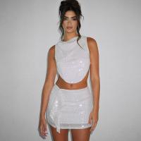 Polyester Waist-controlled & Slim Two-Piece Dress Set midriff-baring & two piece patchwork Solid white Set