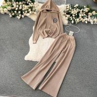 Polyester Wide Leg Trousers & Soft & With Siamese Cap Women Casual Set two piece Solid : Set