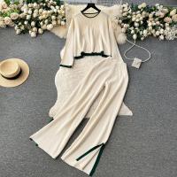 Polyester Wide Leg Trousers & Soft Women Casual Set side slit & two piece Solid : Set