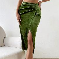 Velour Slim Maxi Skirt side slit patchwork Solid green PC