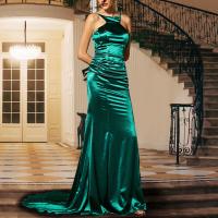 Polyester Long Evening Dress large hem design & backless patchwork Solid green PC