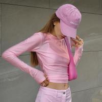 ポリエステル 女性ロングスリーブTシャツ 単色 ピンク 一つ