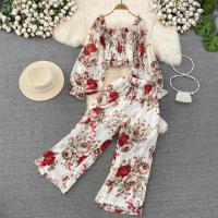 Polyester Wide Leg Trousers & Soft Women Casual Set two piece printed floral : Set