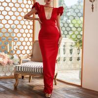 ポリエステル ロングイブニングドレス パッチワーク 単色 赤 一つ