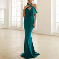 Polyester Long Evening Dress backless & hollow patchwork Solid green PC
