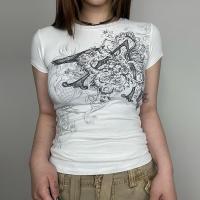 Polyester Slim Women Short Sleeve T-Shirts printed abstract pattern white PC