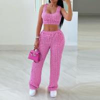 Spandex & Polyester Women Casual Set & two piece Long Trousers & tank top plaid pink Set