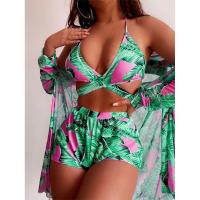 Spandex & Polyester Bikini & three piece printed leaf pattern green Set