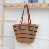Paper Rope & Cloth & PU Leather Easy Matching Woven Tote large capacity striped black and brown PC