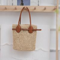 Paper Rope & PU Leather Beach Bag & Easy Matching Woven Shoulder Bag large capacity beige PC