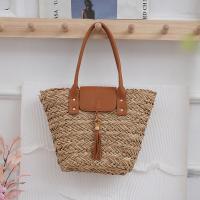 Straw & PU Leather Beach Bag & Easy Matching Woven Shoulder Bag large capacity brown PC