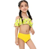 Polyester Girl Kids Two-piece Swimsuit printed floral yellow Set