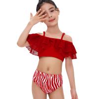 Polyester scallop Girl Kids Two-piece Swimsuit printed striped red Set