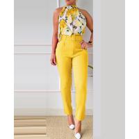 Polyester Women Casual Set & two piece Long Trousers & sleeveless T-shirt printed floral Set