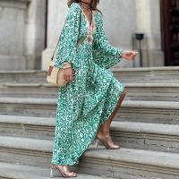 Polyester One-piece Dress deep V & loose printed green PC