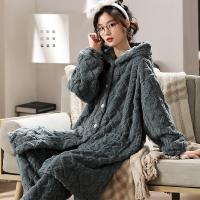 Flannel Women Pajama Set & thick fleece & thermal Pants & coat jacquard Set