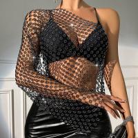 Nylon Women Long Sleeve Blouses see through look & hollow black PC