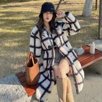Polyester Women Overcoat mid-long style & loose & thermal plaid black PC