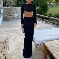 Polyester Two-Piece Dress Set midriff-baring & backless patchwork Solid white and black Set