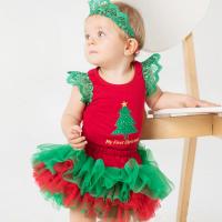 Polyester and Cotton & Acrylic Baby Clothes Set christmas design & three piece Hair Band & skirt & teddy red Set