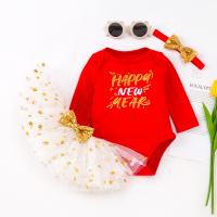 Etamina & Algodón Conjunto de ropa de bebé, Banda para el cabello & falda & osito de peluche, carta, rojo y blanco,  Conjunto