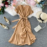 Polyester Waist-controlled & front slit One-piece Dress irregular Solid : PC
