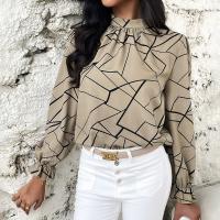 Polyester Soft Women Long Sleeve Blouses slimming & loose printed khaki PC