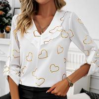 Polyester lace Women Long Sleeve Blouses & loose & breathable gold foil print heart pattern white PC
