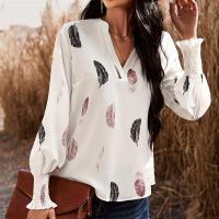 Polyester lace & Soft Women Long Sleeve Blouses & loose printed feather white PC