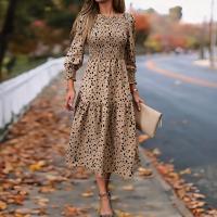 Polyester Waist-controlled & long style One-piece Dress & loose & breathable printed leopard khaki PC