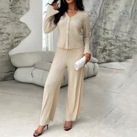 Polyester Wide Leg Trousers Women Casual Set deep V & two piece Solid Apricot Set