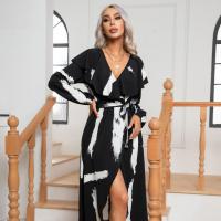Polyester long style & front slit One-piece Dress deep V & breathable black PC