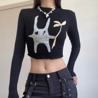 Spandex & Polyester & Cotton Slim Women Long Sleeve Blouses midriff-baring Cartoon black PC