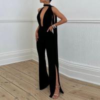 Polyester Yarns Long Jumpsuit backless & hollow patchwork Solid black PC