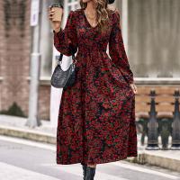Polyester A-line Autumn and Winter Dress mid-long style printed floral black PC