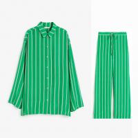 Spandex & Polyester Women Casual Set & two piece Long Trousers & long sleeve shirt printed striped green Set