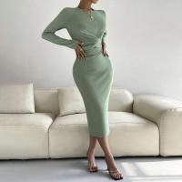Knitted Waist-controlled & Slim Sexy Package Hip Dresses side slit Solid green PC