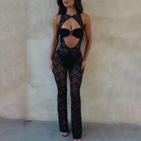 Lace & Polyester Long Jumpsuit see through look & hollow patchwork Solid black PC